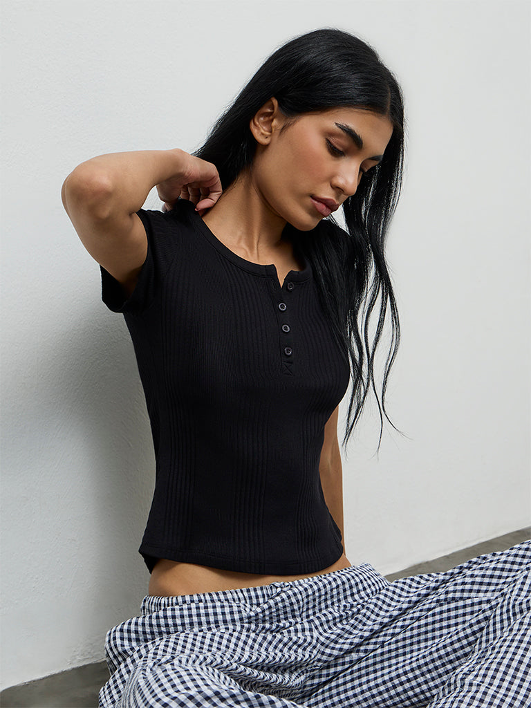 Superstar Black Ribbed Cotton-Blend Top