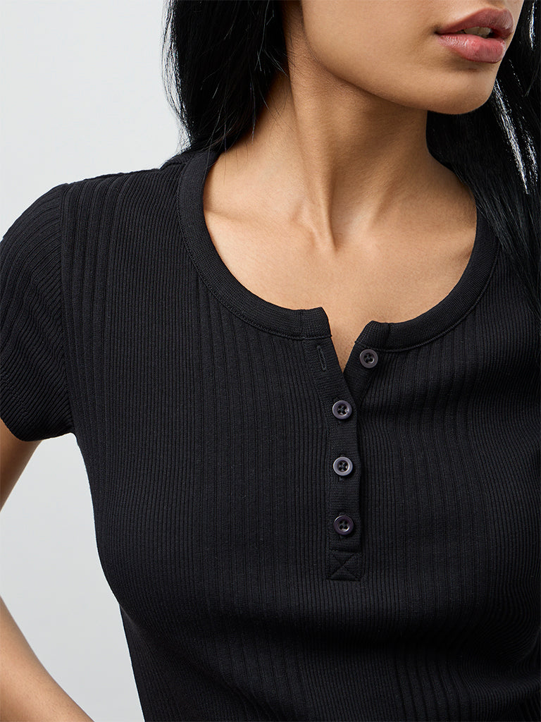 Superstar Black Ribbed Cotton-Blend Top
