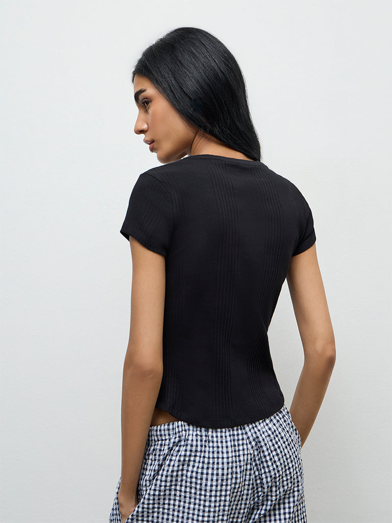 Superstar Black Ribbed Cotton-Blend Top