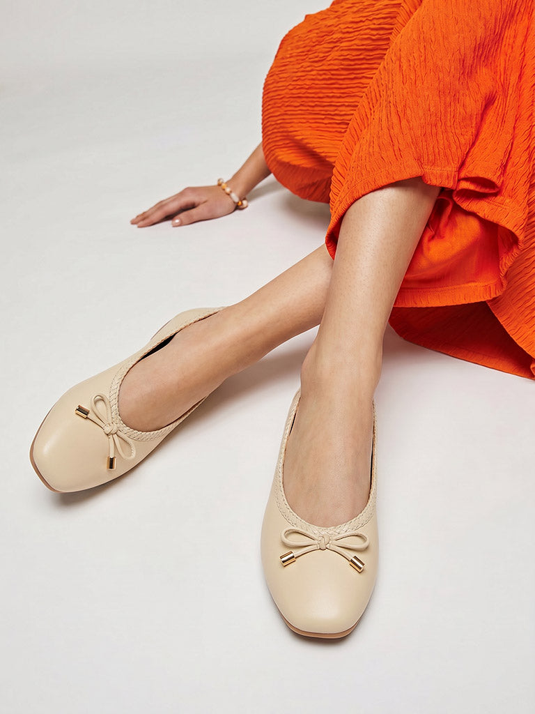 LUNA BLU Light Beige Bow-Detail Ballerinas