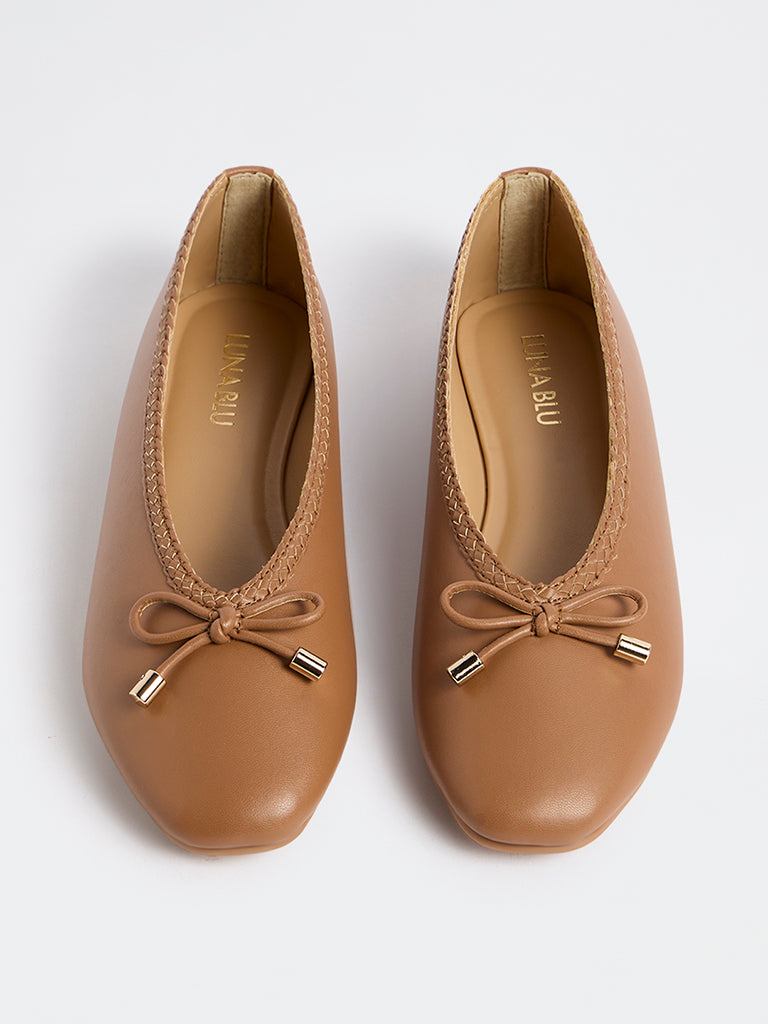 LUNA BLU Tan Bow-Detail Ballerinas