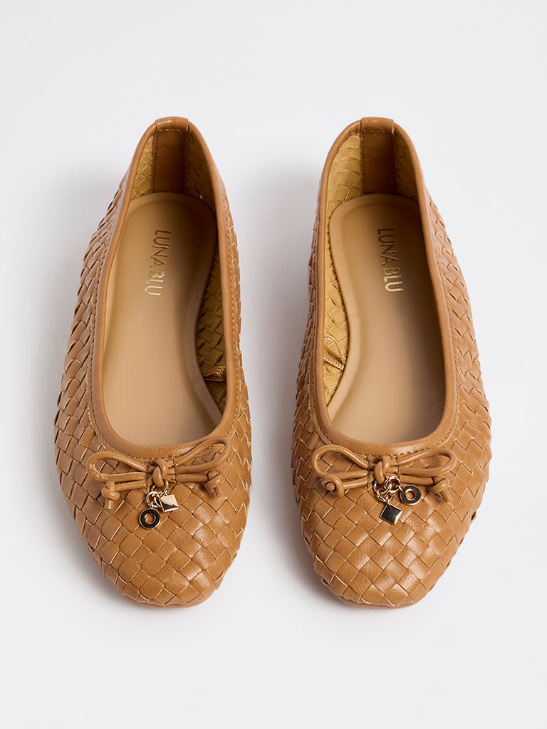 LUNA BLU Tan Woven Bow-Detail Ballerinas