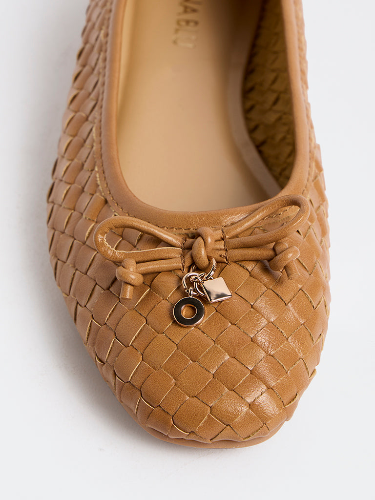 LUNA BLU Tan Woven Bow-Detail Ballerinas