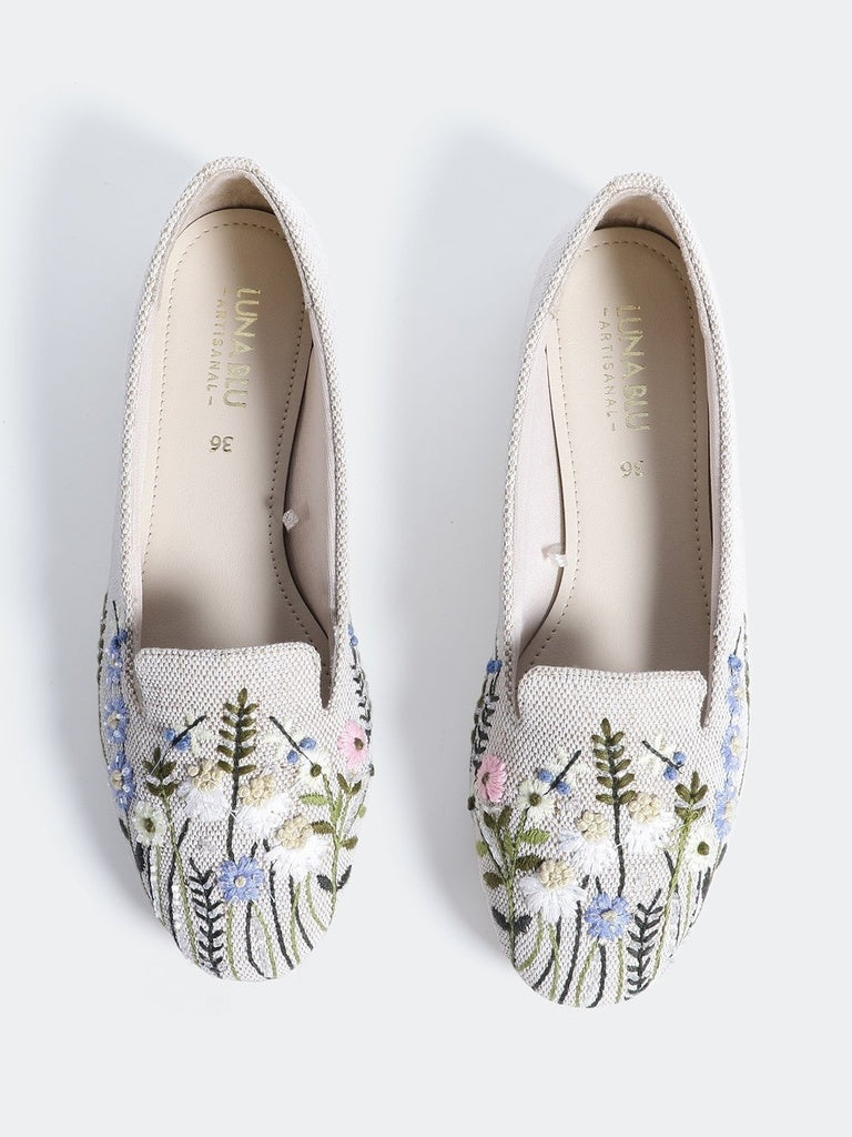 LUNA BLU Beige Floral Embroidered Flat Loafers