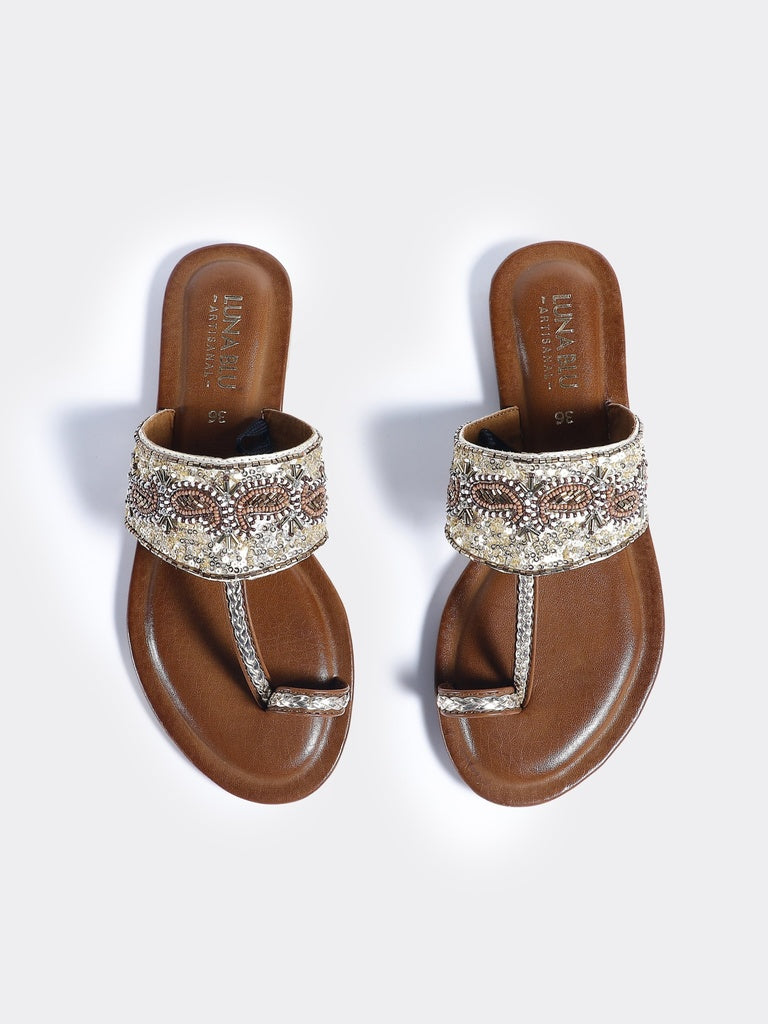 LUNA BLU Tan Embellished Kolhapuri Flat Sandals