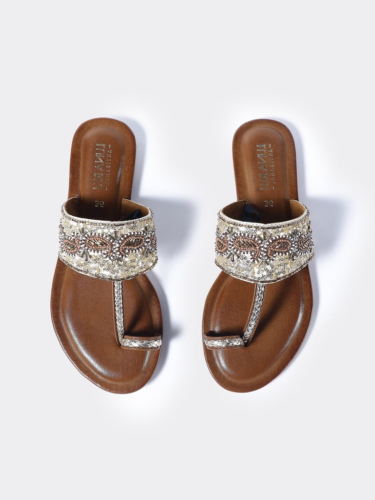 LUNA BLU Tan Embellished Kolhapuri Flat Sandals