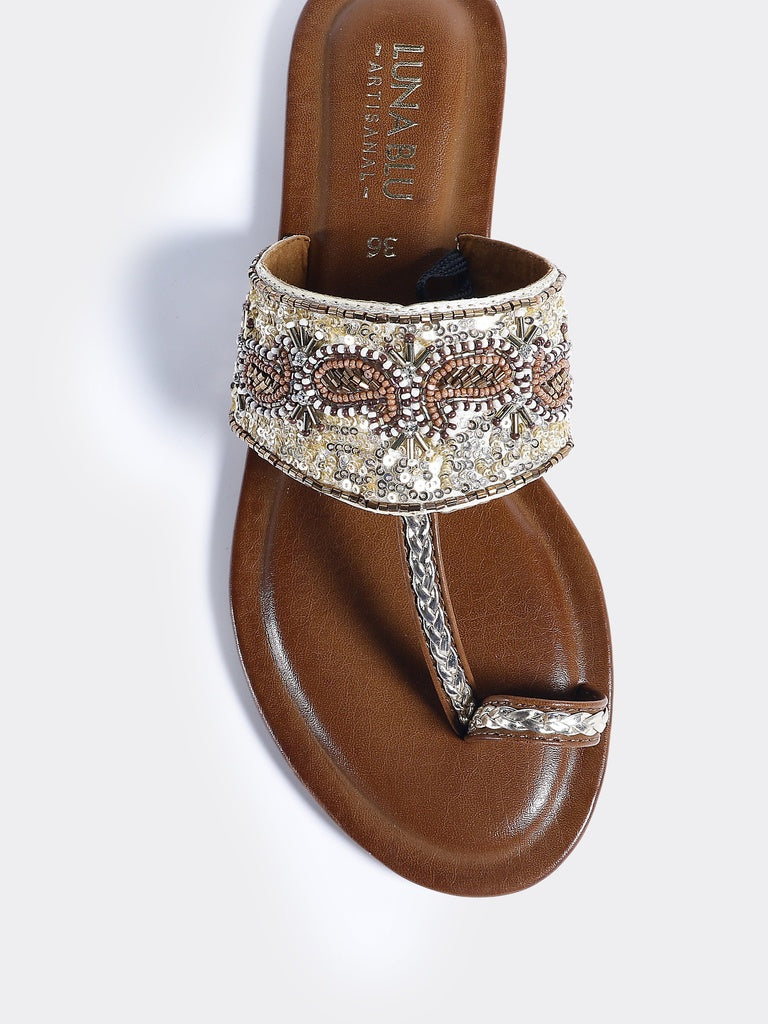LUNA BLU Tan Embellished Kolhapuri Flat Sandals