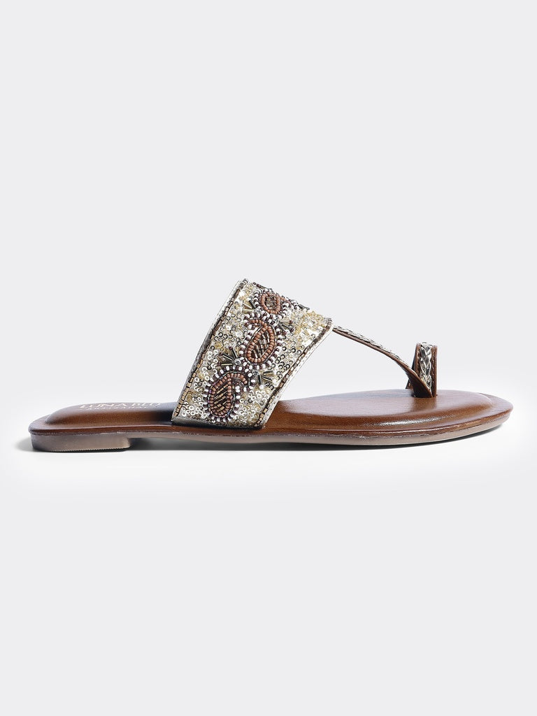 LUNA BLU Tan Embellished Kolhapuri Flat Sandals