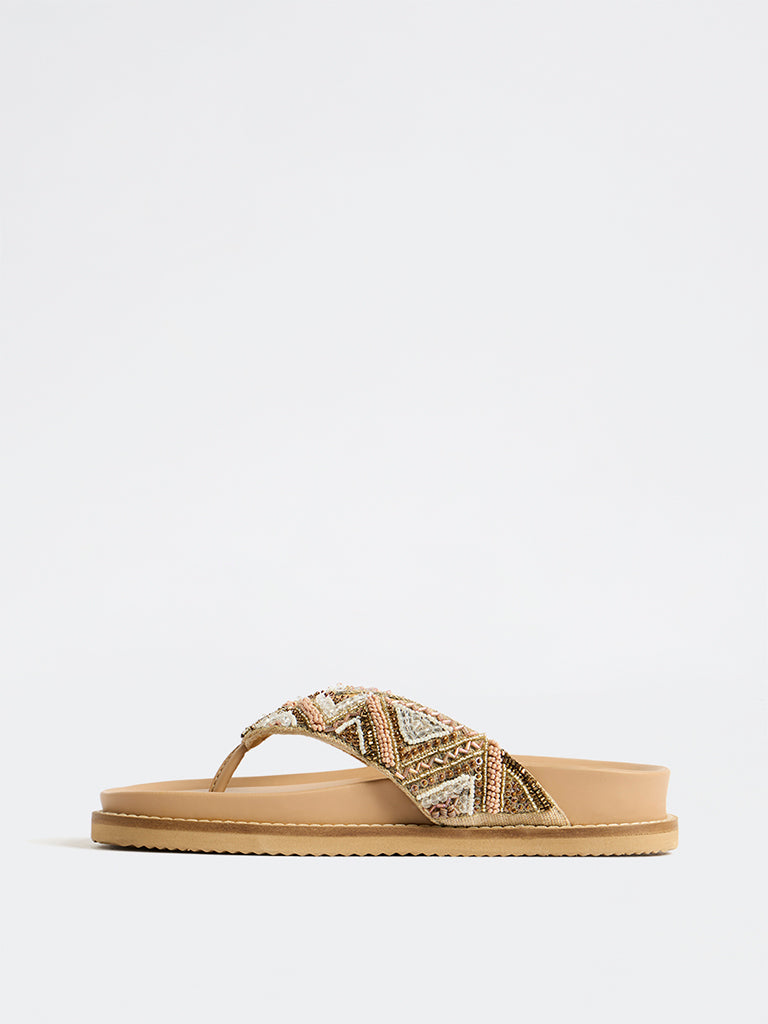 LUNA BLU Beige Embellished Thong-Strap Sandals