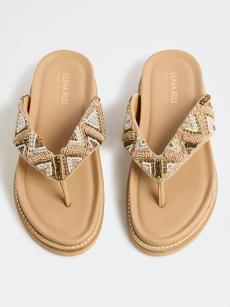 LUNA BLU Beige Embellished Thong-Strap Sandals