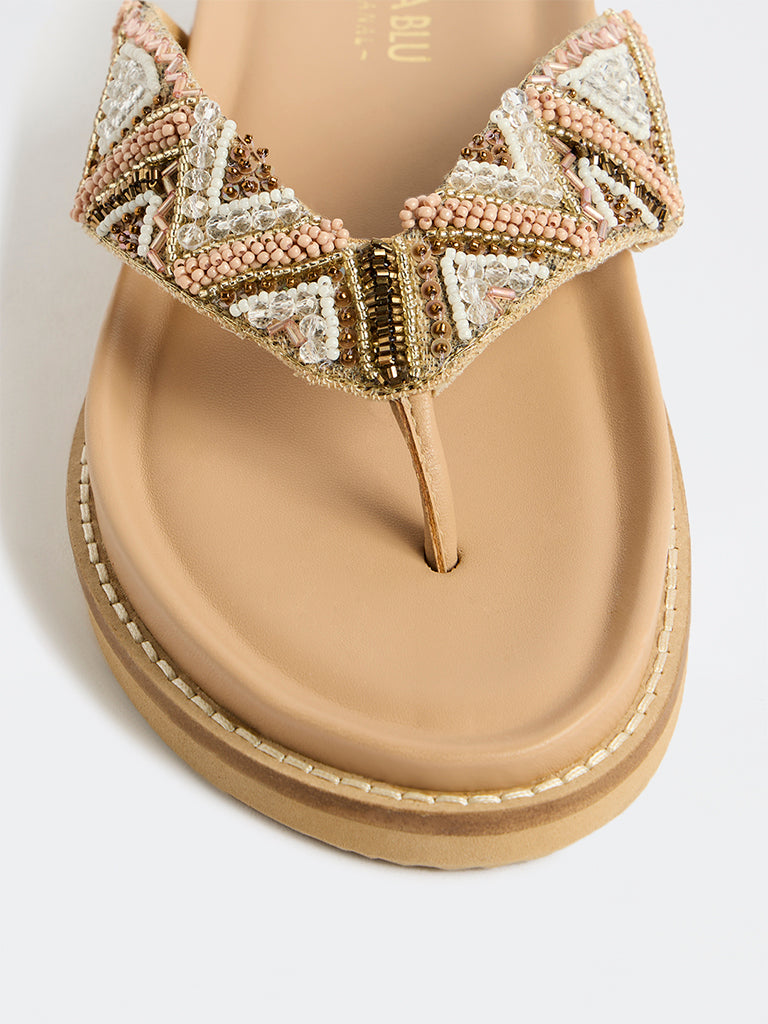LUNA BLU Beige Embellished Thong-Strap Sandals