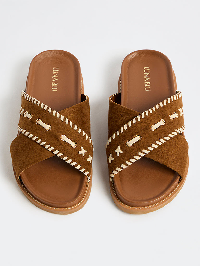 LUNA BLU Brown Suede Criss-Cross Strap Sandals