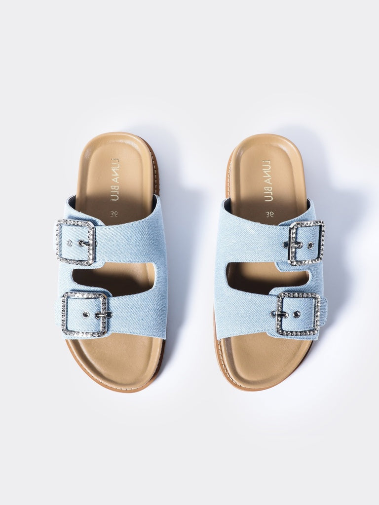 LUNA BLU Woman Light Denim Diamond Buckled Slip-On Sandals