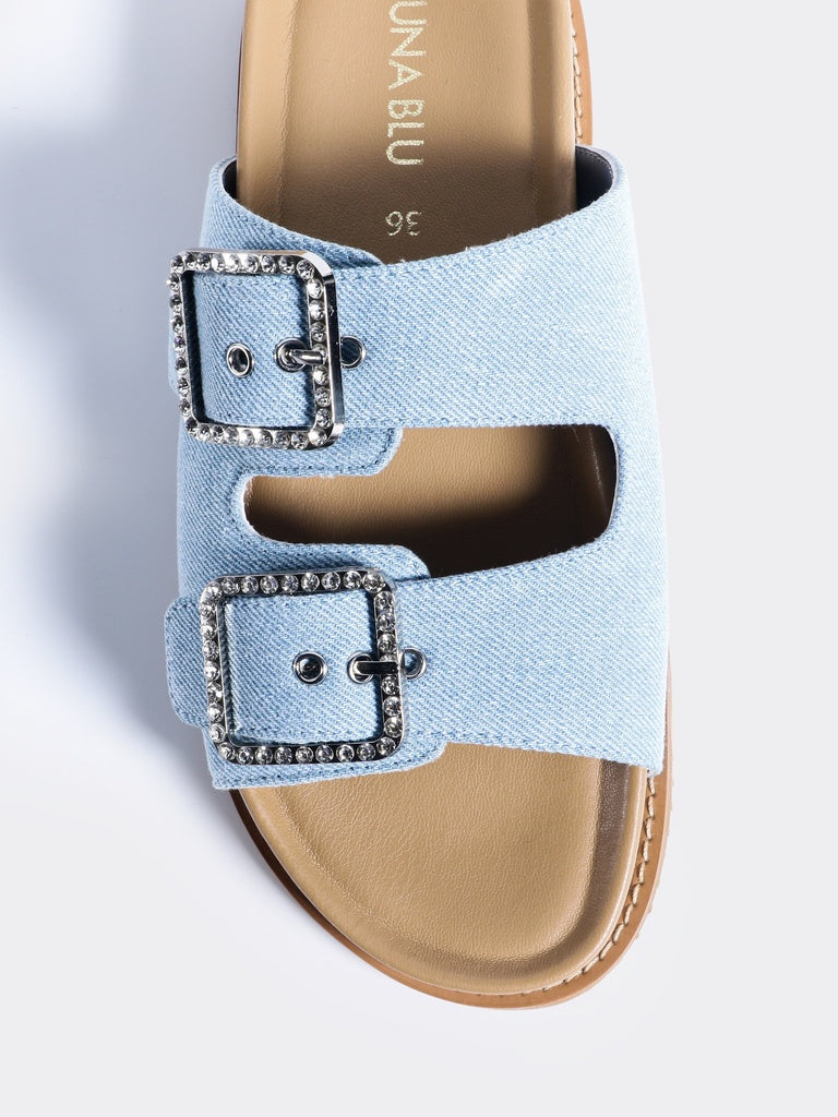 LUNA BLU Woman Light Denim Diamond Buckled Slip-On Sandals