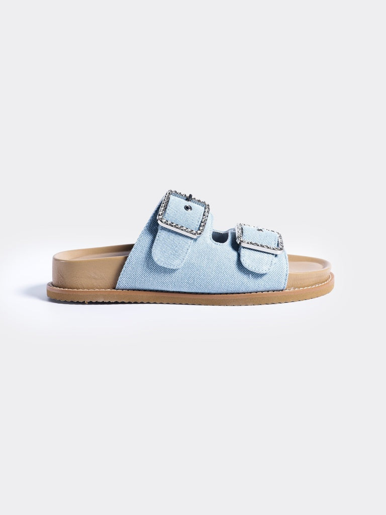 LUNA BLU Woman Light Denim Diamond Buckled Slip-On Sandals