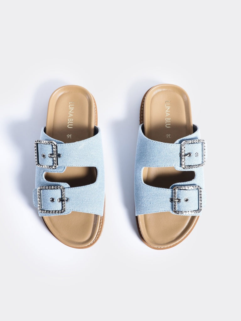 LUNA BLU Woman Light Denim Diamond Buckled Slip-On Sandals