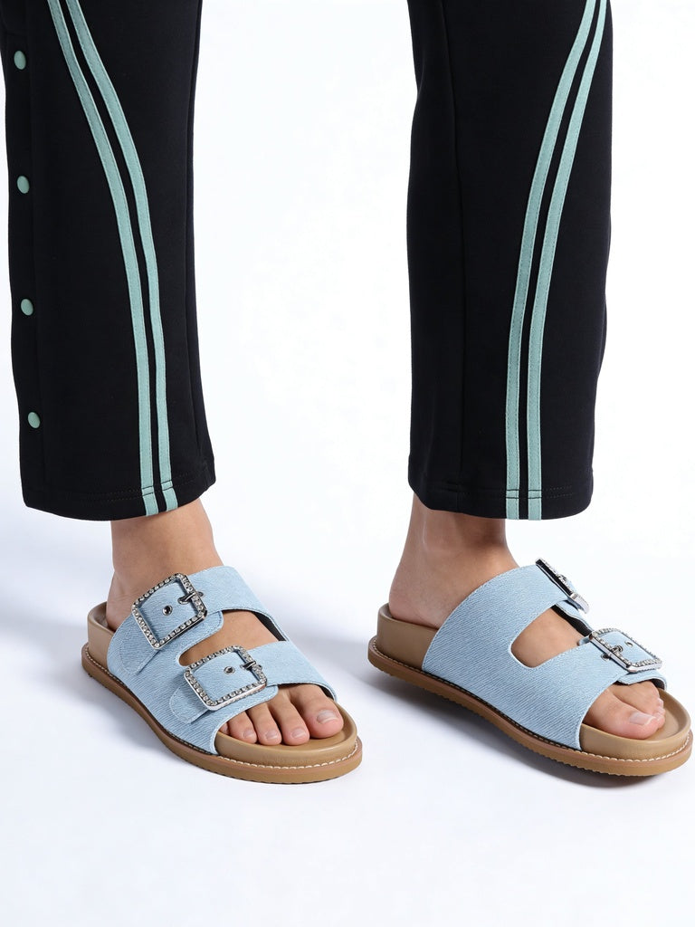 LUNA BLU Woman Light Denim Diamond Buckled Slip-On Sandals