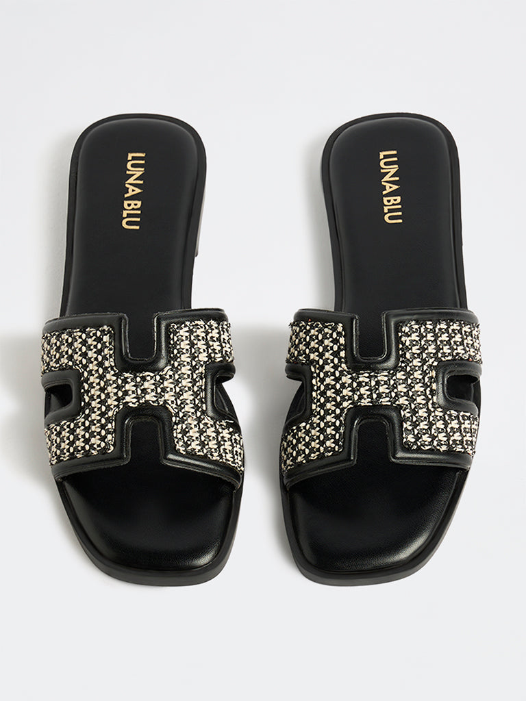 LUNA BLU Black Raffia Textured Slides