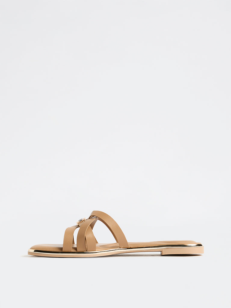 LUNA BLU Dark Beige Multi-Strap Slides