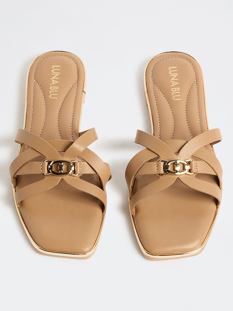 LUNA BLU Dark Beige Multi-Strap Slides