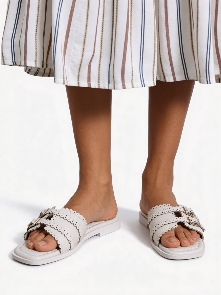 LUNA BLU Ivory Double Strap Slip-On Sandals
