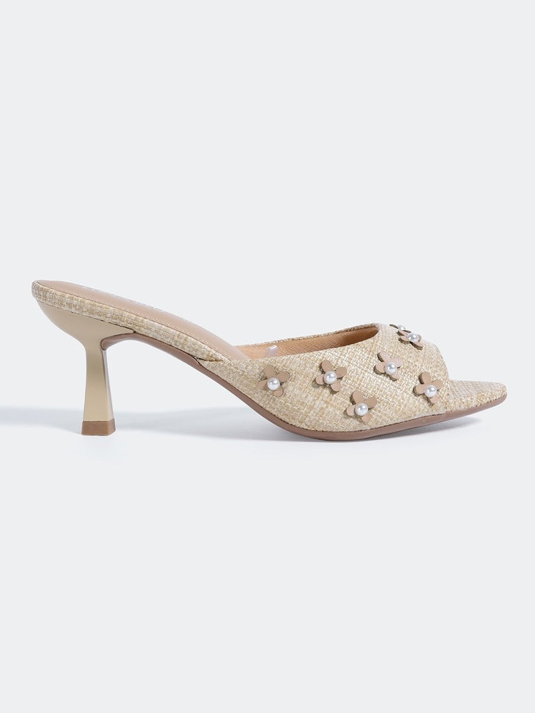 LUNA BLU Beige Flower Detail Heel Mules