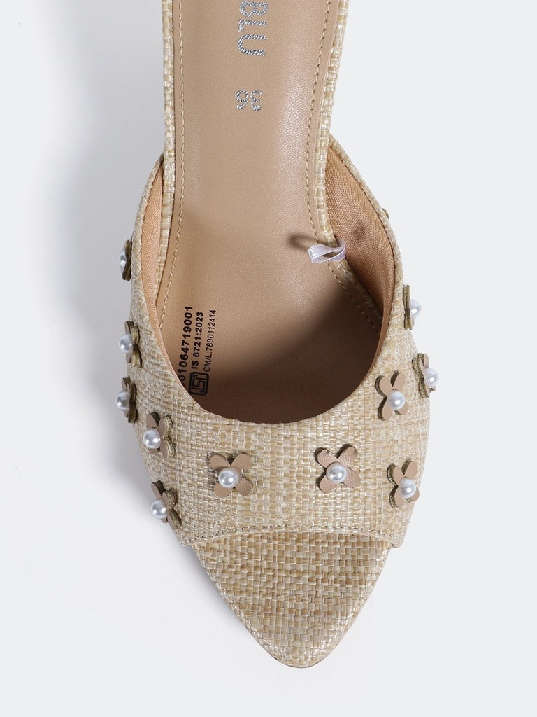 LUNA BLU Beige Flower Detail Heel Mules