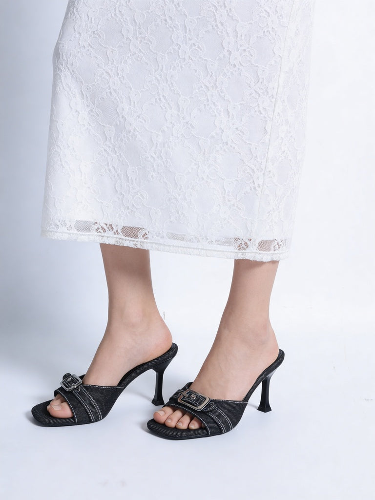 LUNA BLU Black Denim Buckle-Detailed Heel Mules