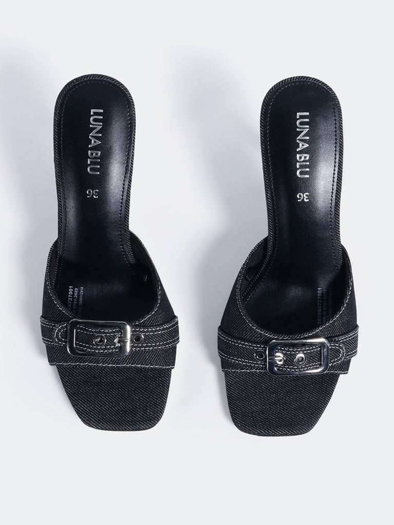 LUNA BLU Black Denim Buckle-Detailed Heel Mules