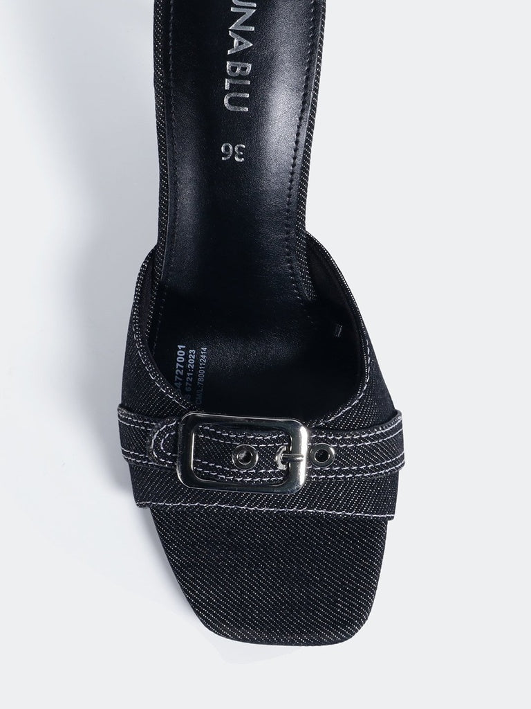 LUNA BLU Black Denim Buckle-Detailed Heel Mules