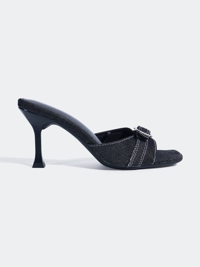 LUNA BLU Black Denim Buckle-Detailed Heel Mules