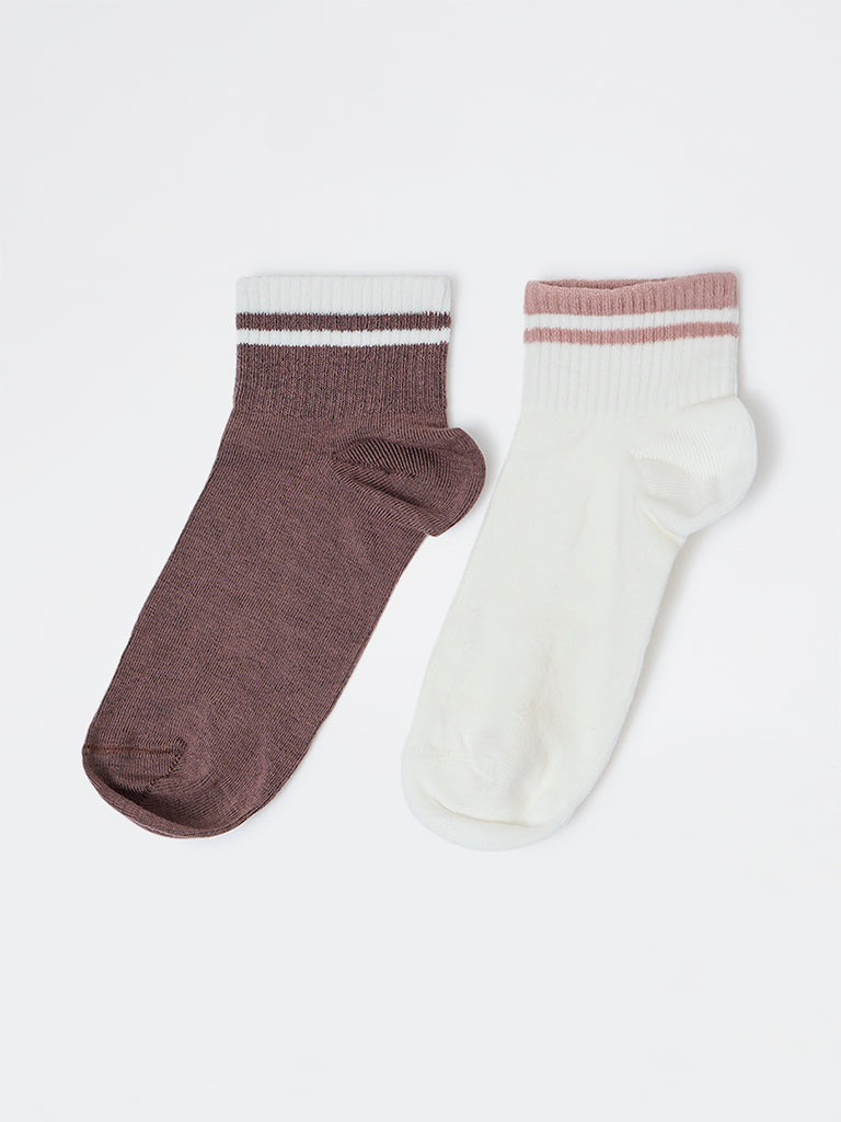 Wunderlove Brown and Ivory Cotton-Blend Ankle-Length Socks - Pack of 2