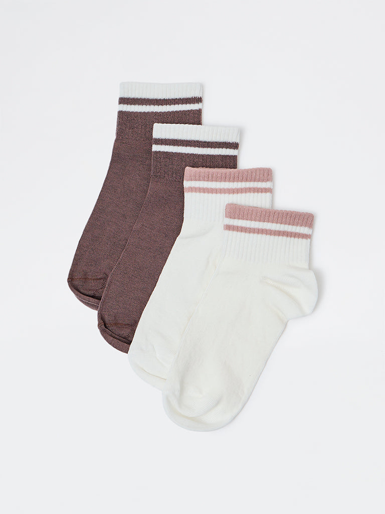 Wunderlove Brown and Ivory Cotton-Blend Ankle-Length Socks - Pack of 2