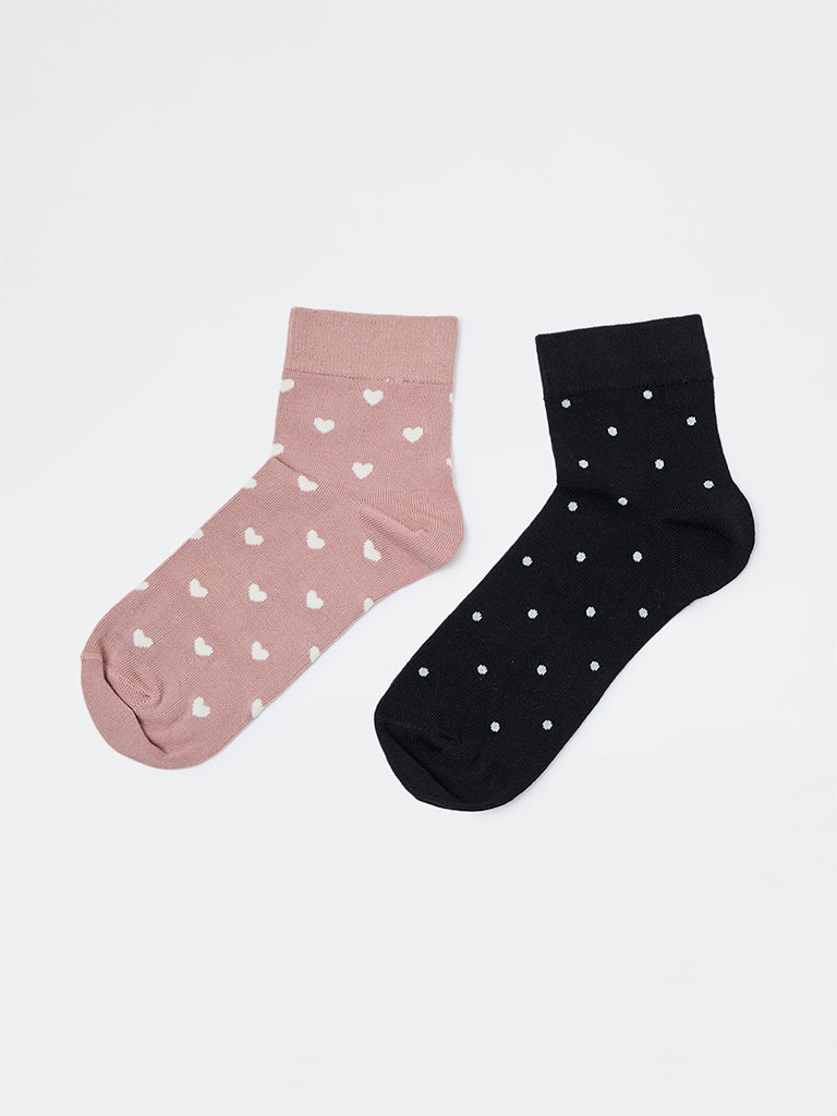 Wunderlove Black and Pink Cotton-Blend Ankle-Length Socks - Pack of 2