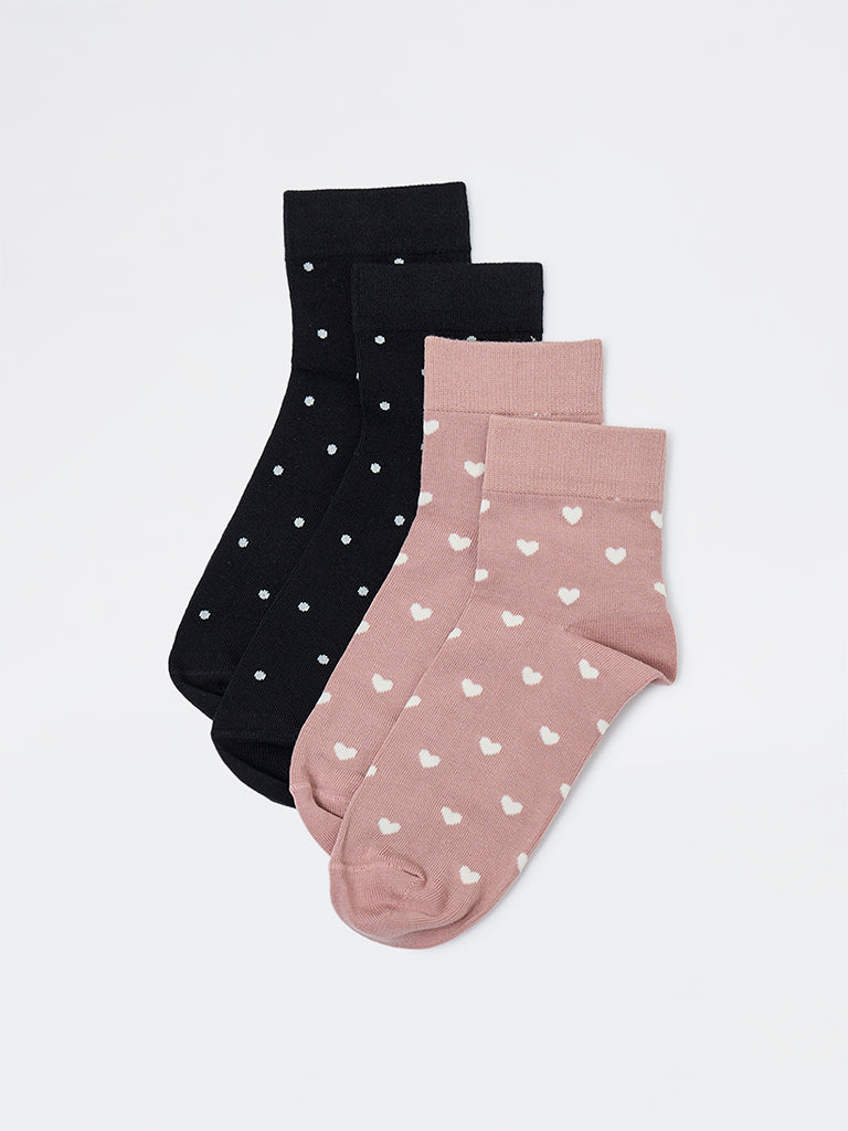 Wunderlove Black and Pink Cotton-Blend Ankle-Length Socks - Pack of 2