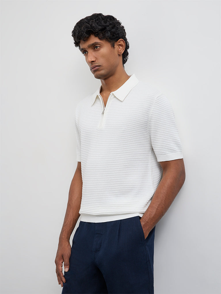 Ascot Off-White Relaxed-Fit Cotton Quarter-Zip T-Shirt
