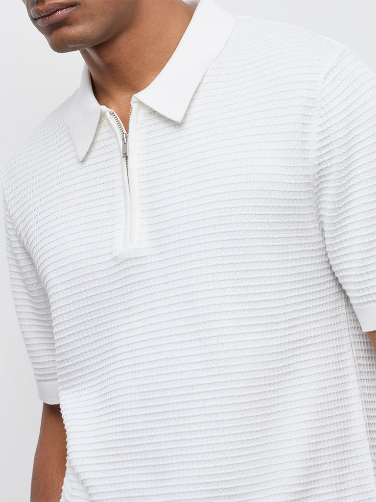 Ascot Off-White Relaxed-Fit Cotton Quarter-Zip T-Shirt
