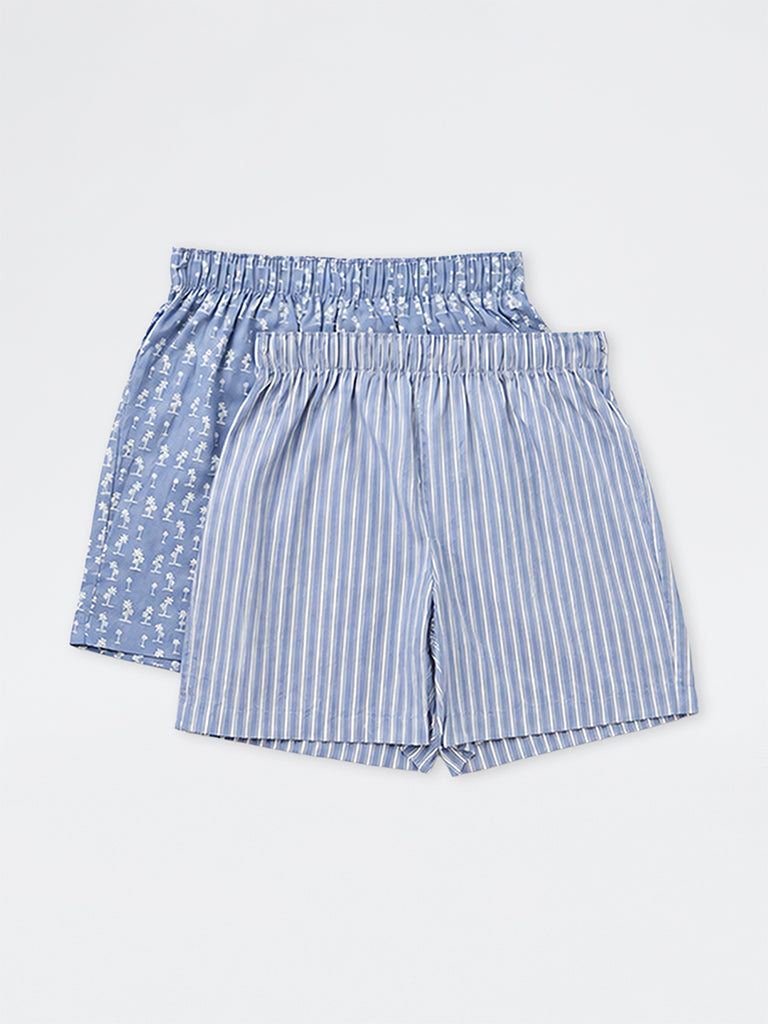 WES Lounge Blue Printed Relaxed-Fit Cotton Boxers - Pack of 2