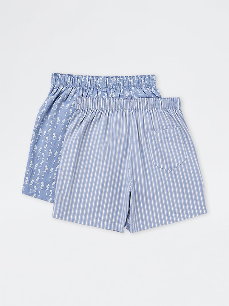 WES Lounge Blue Printed Relaxed-Fit Cotton Boxers - Pack of 2