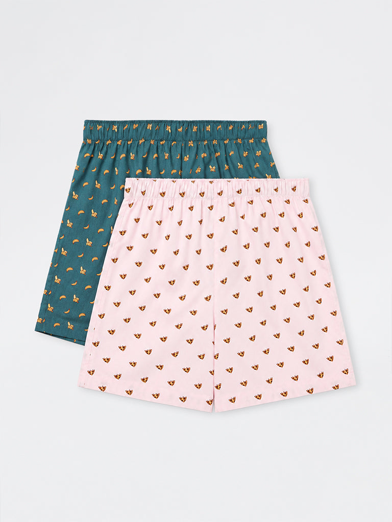 WES Lounge Pink Printed Relaxed-Fit Mid-Rise Cotton Boxers - Pack of 2