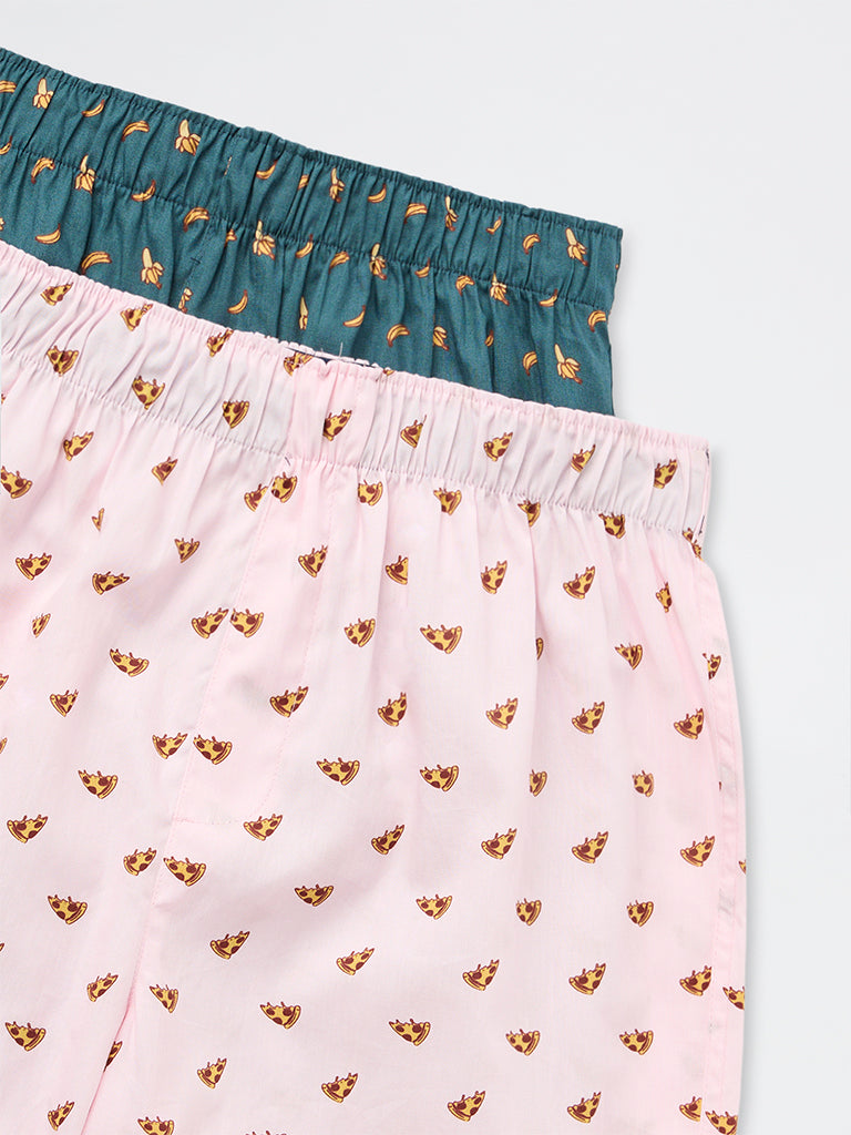 WES Lounge Pink Printed Relaxed-Fit Mid-Rise Cotton Boxers - Pack of 2