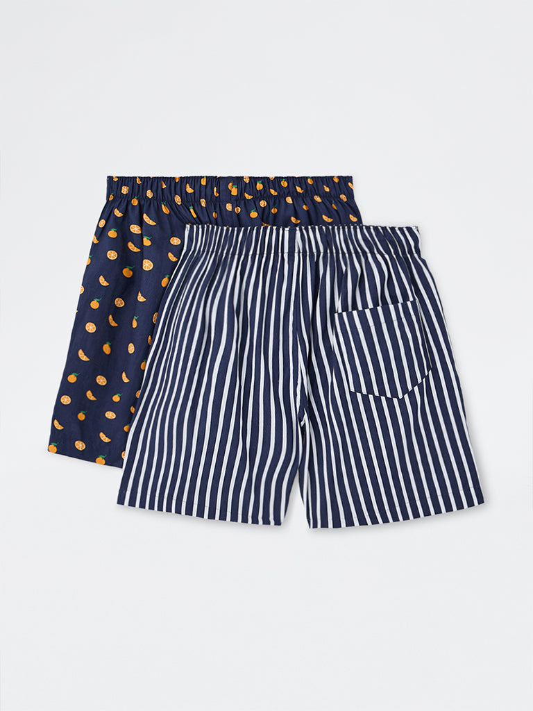 WES Lounge Navy Printed Relaxed-Fit Cotton Boxers - Pack of 2