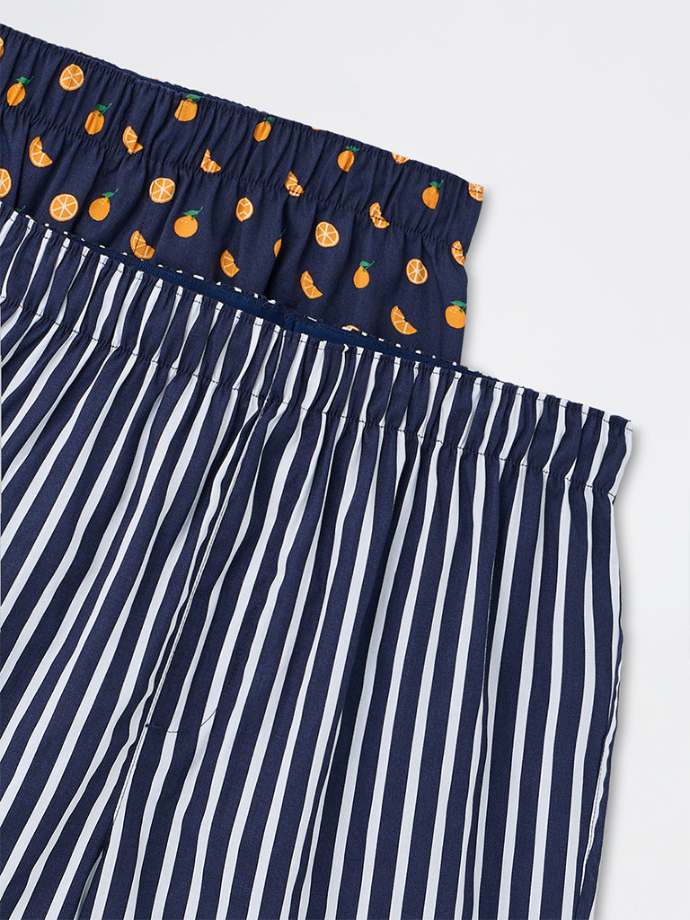 WES Lounge Navy Printed Relaxed-Fit Cotton Boxers - Pack of 2