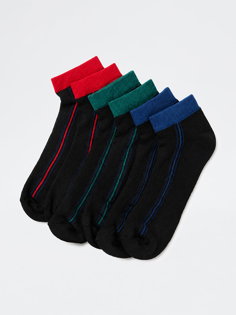 WES Lounge Black Striped Cotton-Blend Trainer Socks - Pack of 3