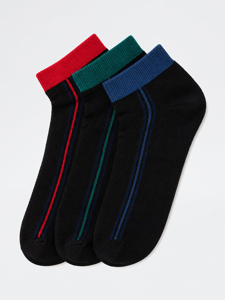 WES Lounge Black Striped Cotton-Blend Trainer Socks - Pack of 3