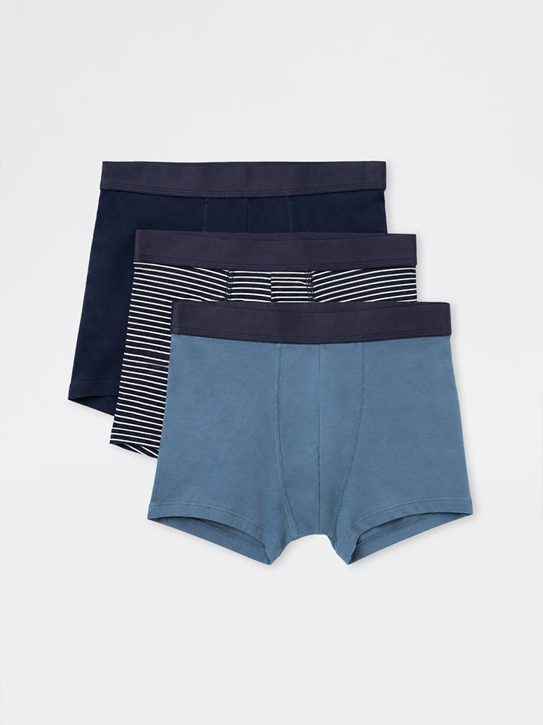WES Lounge Blue Printed Relaxed-Fit Cotton-Blend Trunks - Pack of 3