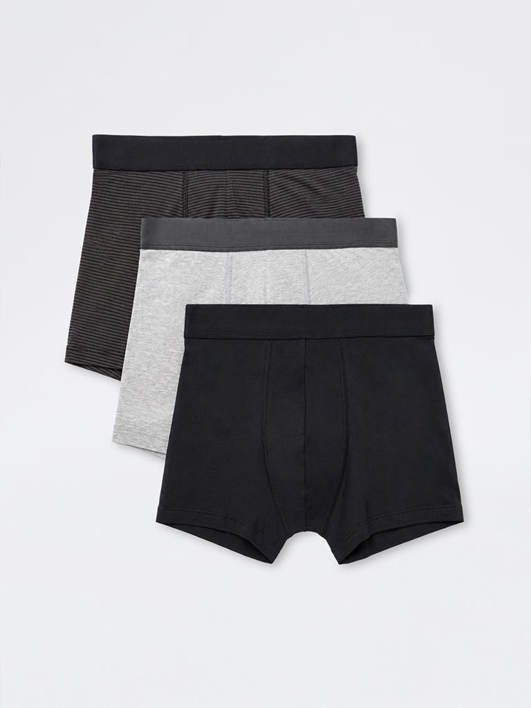 WES Lounge Black Printed Cotton-Blend Trunks-Pack of 3