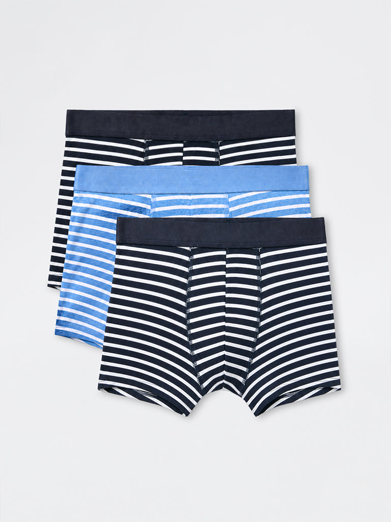 WES Lounge Blue Striped Cotton-Blend Trunks-Pack of 3