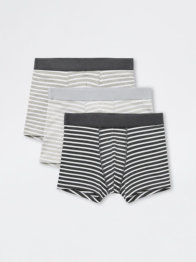 WES Lounge Grey Striped Cotton-Blend Trunks-Pack of 3