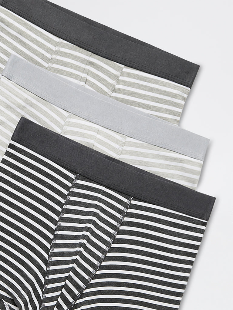 WES Lounge Grey Striped Cotton-Blend Trunks-Pack of 3